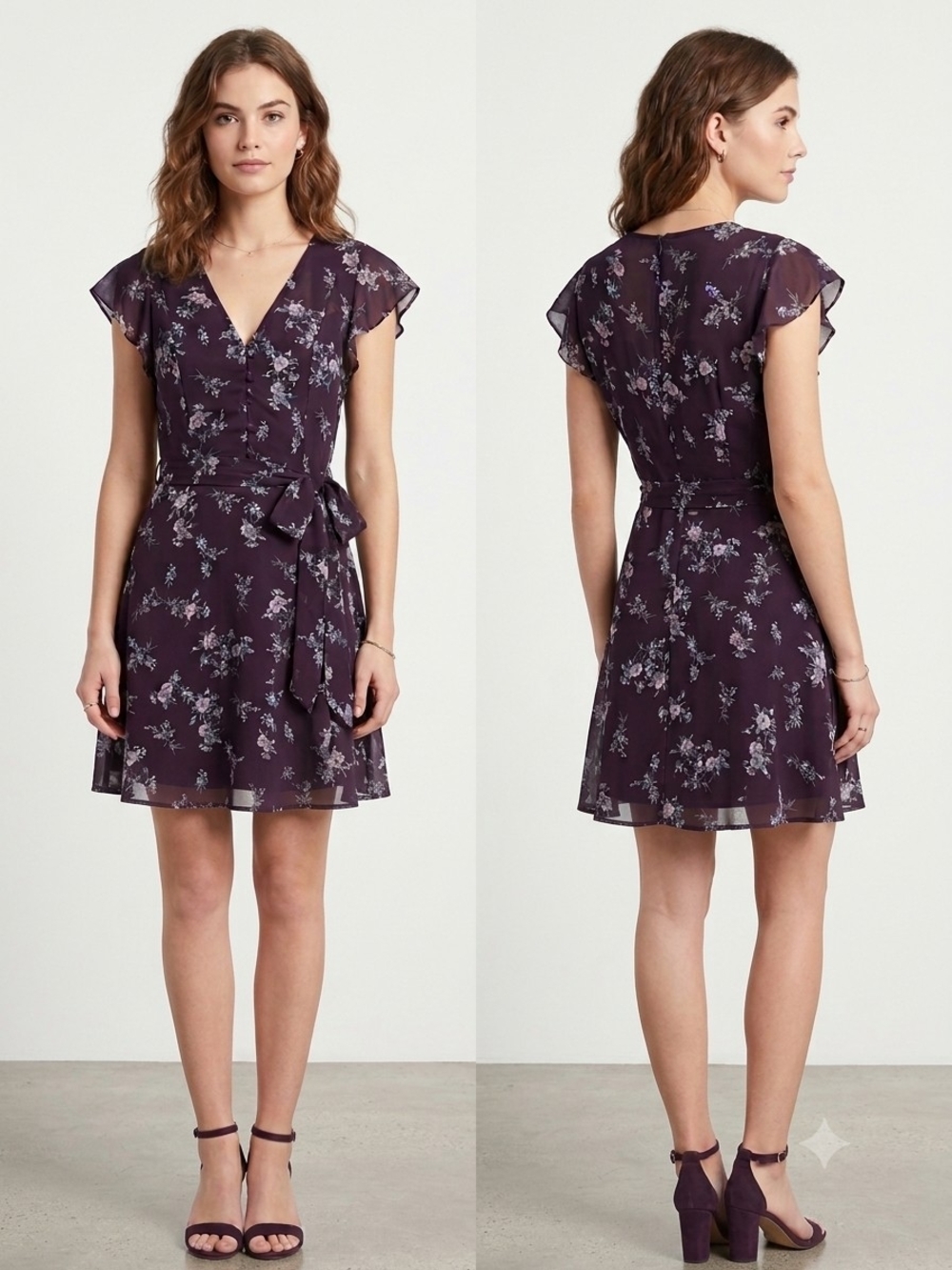 Flutter Sleeve Floral Wrap Dress in Plum